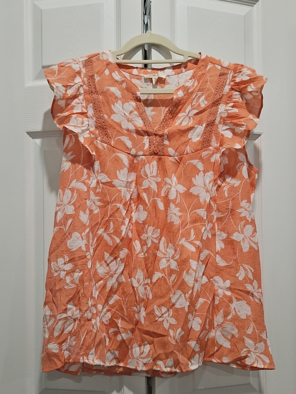 Women’s Peach Floral Print Flutter Sleeve Blouse